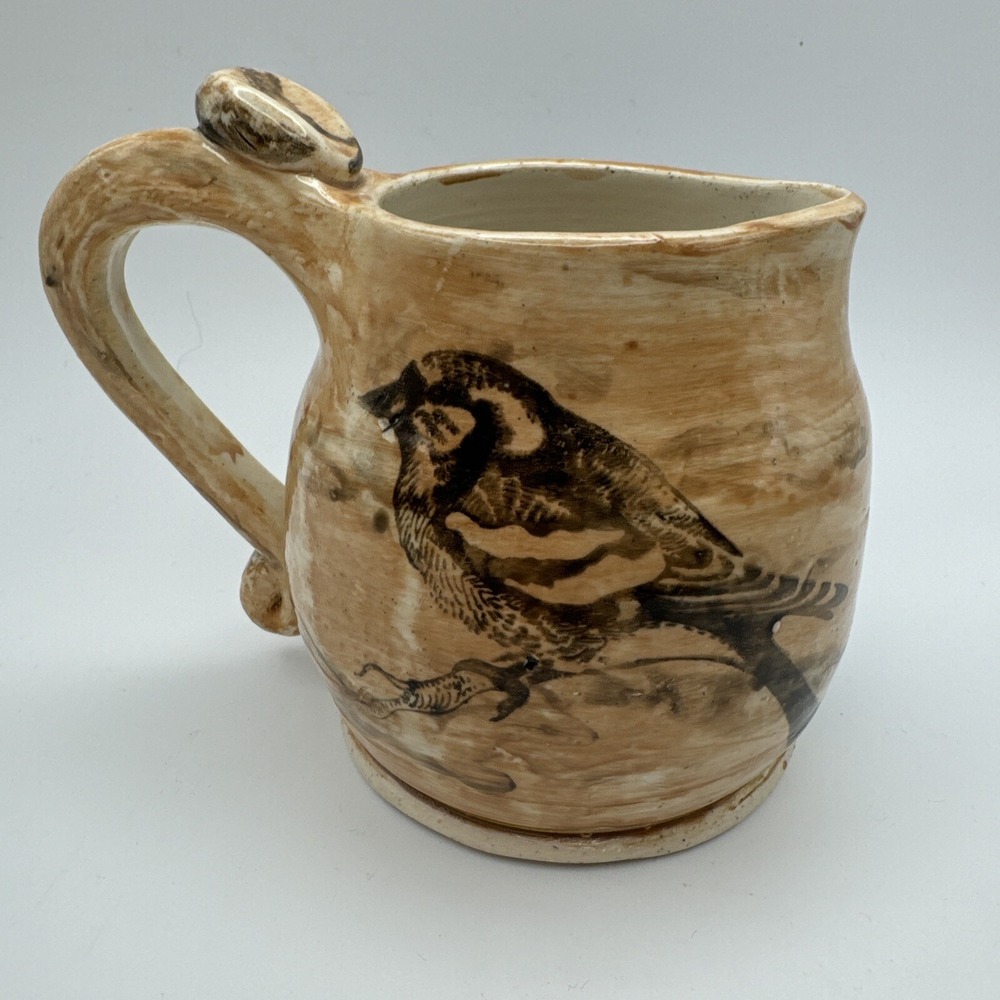 Studio Art Pottery Small Pitcher Jug Creamer Bird Design Artrist Signed Rustic